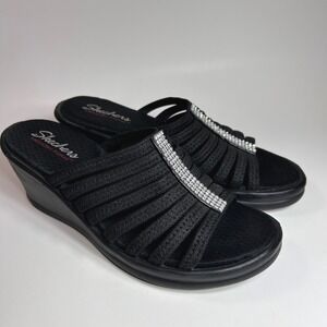 Skechers Rumblers Hotshot Wedge Sandals Womens 10 Black Rhinestone Comfort Bling